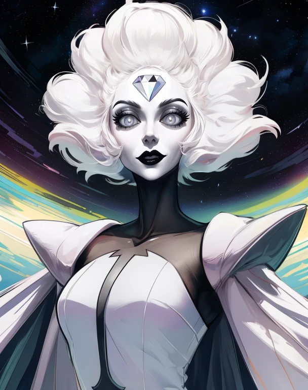 Witdim,black lips,white hair,pointy hair,forehead jewel,floating hair,pale skin,grey eyes,+ +,
white robes,cape,shoulder pads,
standing,upper body, evil smile, 
solo,stars,space,
(insanely detailed, beautiful detailed face,beautiful detailed eyes, masterpiece, best quality),<lora:whitediamond-10SSV9:0.8>,