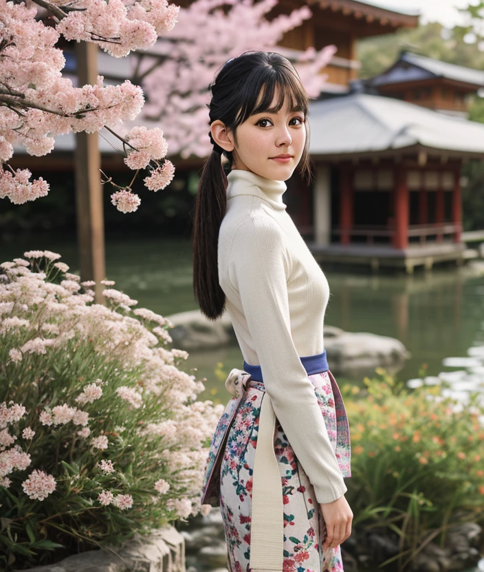 <m0k4h1>, woman, nature asian, Flowering, intricate, skirt, (Japanese dress, turtleneck), close portrait photo