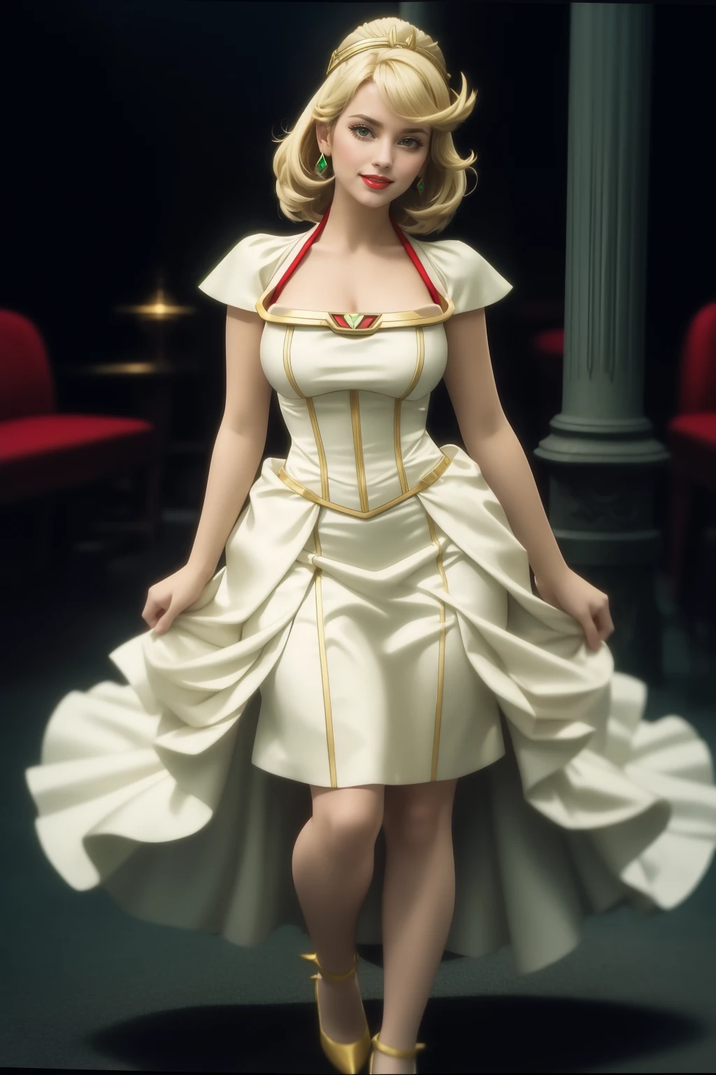 analog film photo beautiful adult woman (photogenic), Mythra \(xenoblade\), Bright blonde long hair, chest jewel, white and gold dress, glowing green trim accents, (holy aura), high detail, best quality, high quality, standing, <lora:WITRD-50:0.9> dress, rim lighting, 50's hair, hourglass figure, textured skin, grand hall, bokeh, full body, high heels, <lora:Tweak_BreastSize:0.1>, skirt, smile, (red lips), vibrant colors, seductive, <lora:Tweak_NoiseOffsetHigh:0.4> . faded film, desaturated, 35mm photo, grainy, vignette, vintage, Kodachrome, Lomography, stained, highly detailed, found footage