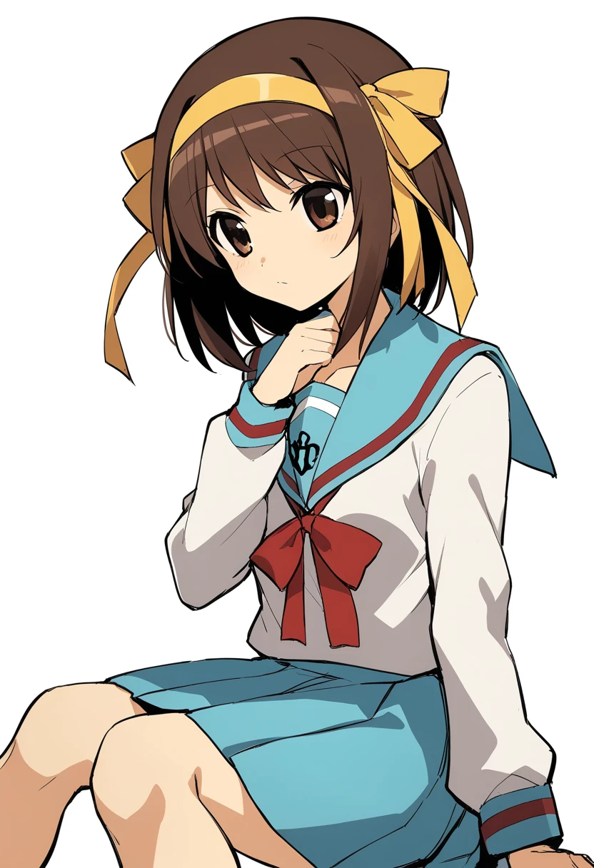 1girl, suzumiya haruhi, suzumiya haruhi no yuuutsu, blue sailor collar, blue skirt, bob cut, brown eyes, brown hair, closed mouth, hair ribbon, hairband, hand up, kita high school uniform, long sleeves, looking to the side, medium hair, red ribbon, ribbon, sailor collar, school uniform, serafuku, simple background, sitting, skirt, solo, thighs, white background, winter uniform, yellow hairband, yellow ribbon, <lora:Char - Suzumiya Haruhi - v1 - Bionagato>