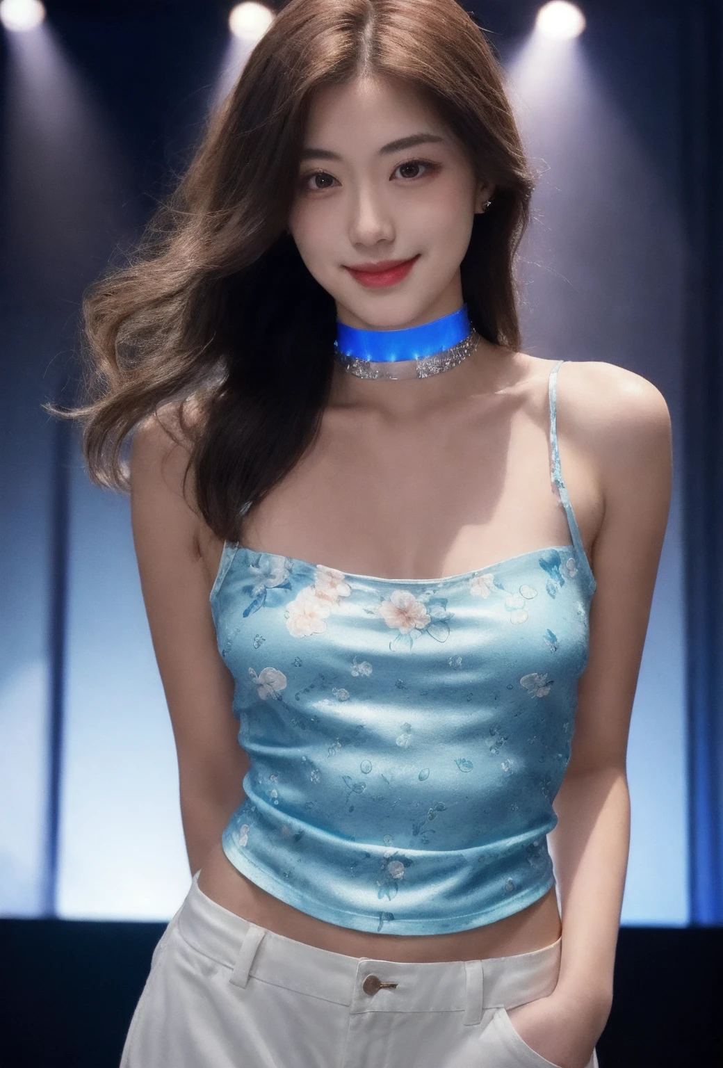 1girl, high quality, looking at viewer, nightclub, tanktop, shorts, arms behind back, upper body, choker,shiny skin, glisten,blush,floral print, skin tight, stage lights, blush, see-through, pale skin, (smile:0.1)
<lora:hjmy_v4-000008:0.7>