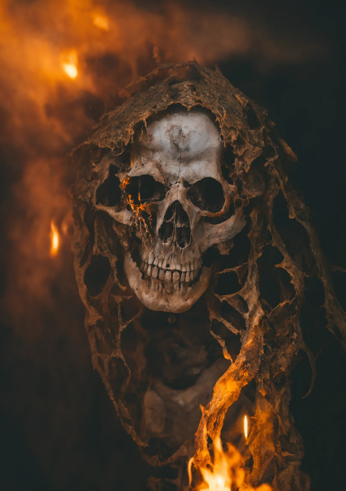 a rotting skeleton and an ethereal glowing ghost in action, humid, zoom, focus on face, dark, dramatic, ,disheveled hair, detailed eyes,