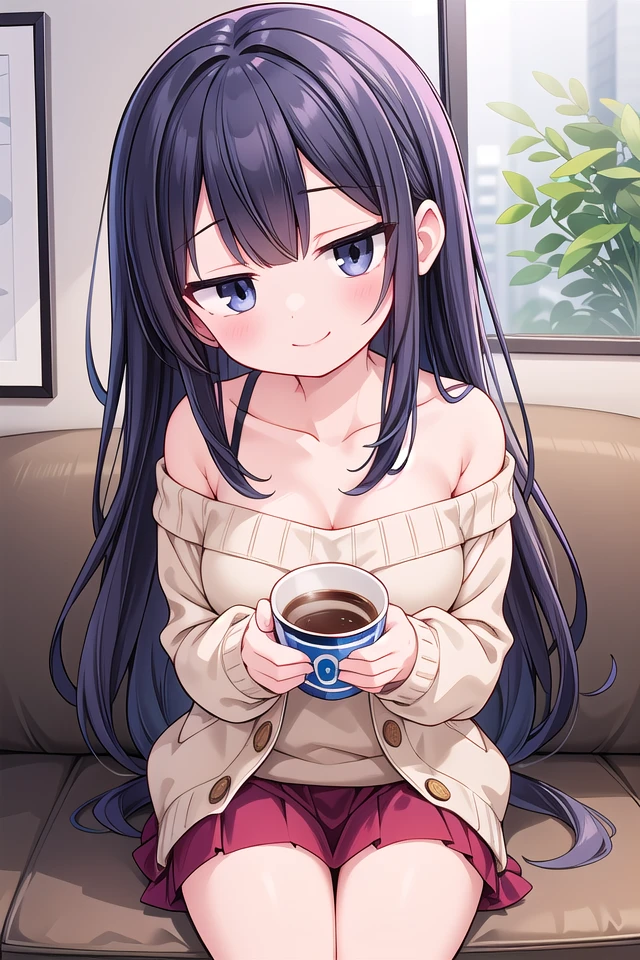 insanely detailed, absurdres, ultra-highres, ultra-detailed, best quality,
1girl, solo, nice hands, perfect hands,
BREAK
wearing sweater, off shoulder sweater, one piece sweater, sweater with long sleeves, bare shoulder, collarbone, red skirt
BREAK
happy smile, laugh, closed mouth,
sitting, holding coffee cup,
45 angle, cowboy shot, looking at viewer
BREAK
slender, kawaii, perfect symmetrical face, ultra cute girl, ultra cute face, ultra detailed eyes, ultra detailed hair, ultra cute, ultra beautiful,
BREAK
indoors, in coffee shop
BREAK
large breasts, black hair, long hair, black eyes