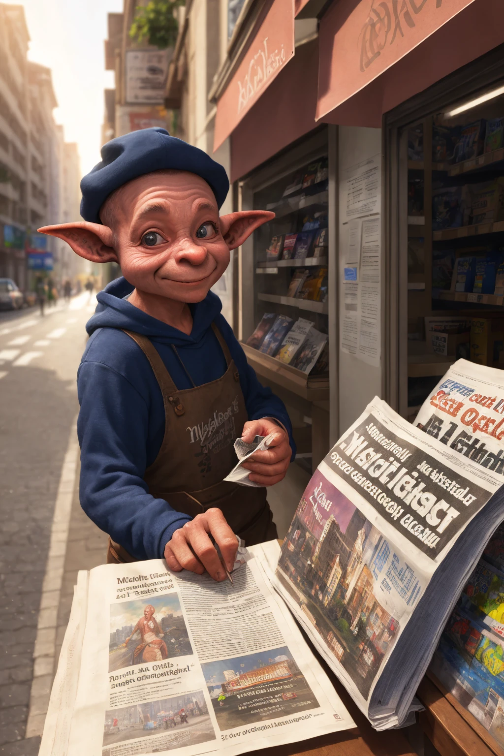 (best quality, masterpiece, beautiful and aesthetic, colorful, dynamic angle) At a street corner, a short (goblin) newsstand owner sells a newspaper to passing citizen in the early afternoon, (hyper realism, soft light, dramatic light, sharp, HDR, official art, extreme detail, highest detail)