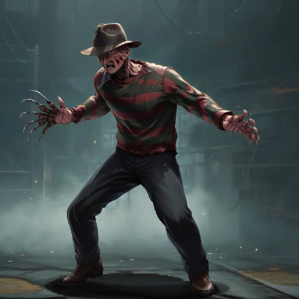Horror Style 8K 2d pixel Masterpiece fighting game playing as freddykrueger wearing hat fighting pose, extremely detailed enchantingly beautiful street fighter sprites, (extremely detailed facial features), amazing cinematic lighting, immensely epic and lush background stage, ultra beautiful extremely detailed graphics, gorgeous composition, breathtaking visuals, high resolution, clean, high detail, sf3 style, full body view, center frame, wide shot, <lora:sf3-style:1> , fighting video gameplay  <lora:FreddyKrueger:1>