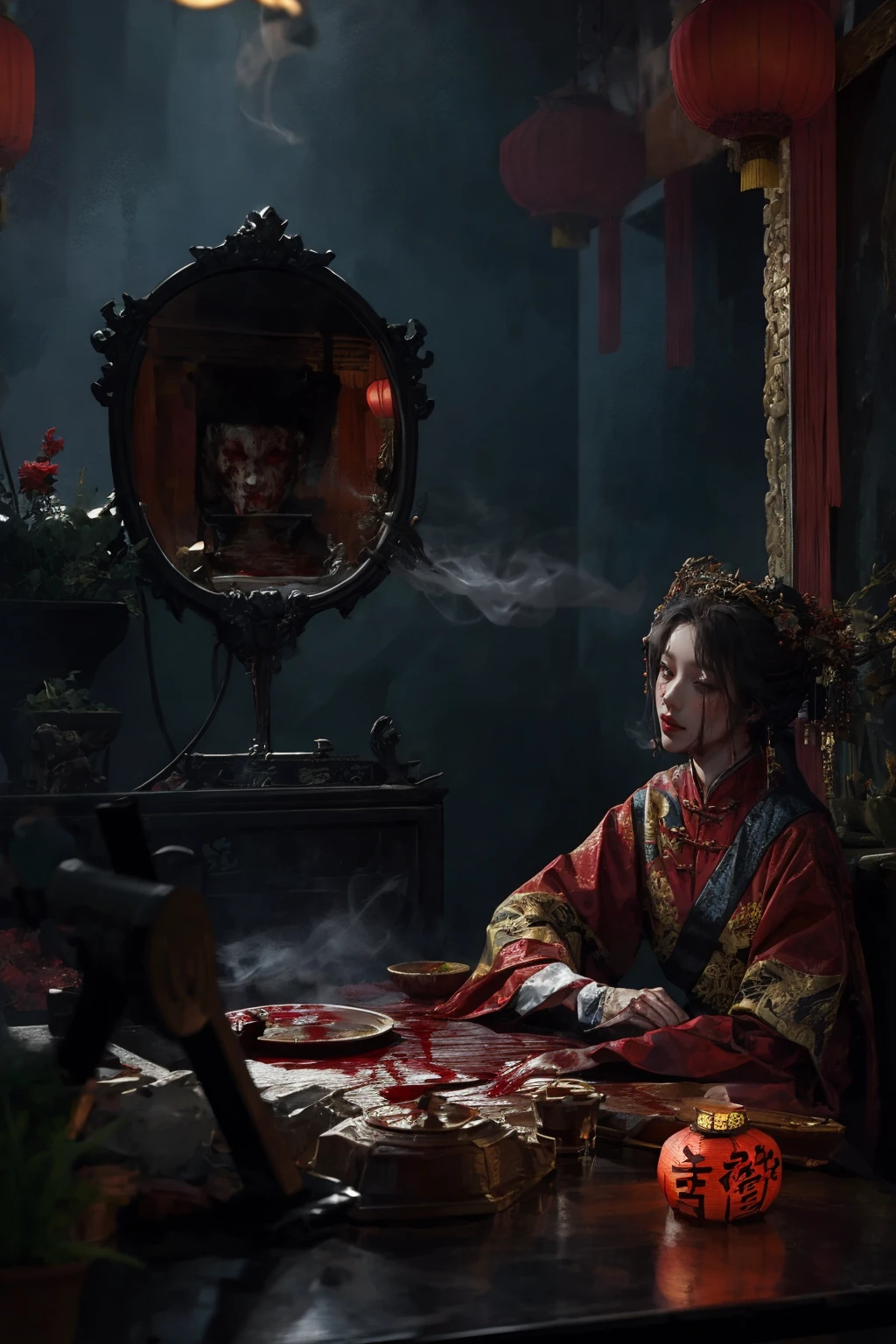 1girl,upper body,solo,Chinese architecture,Graveyard,haunted houseChinese architecture,haunted house,chinese lantern,horror,dark theme,night,smoke,red hanfu,mirror,coffin,blood,red clothes,<lora:éº»è¢NSFW2024-001æææ»¤é:0.8>,, masterpiece,best quality,ultra-detailed,