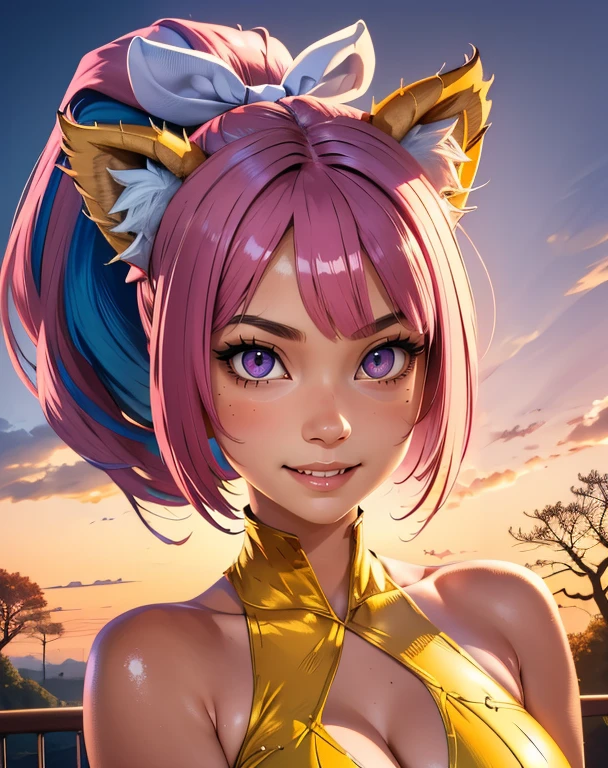 Felynn,yellow  eyes,cute,smiling,pink hair,ponytail,white hair ribbon,
cat hands,toned,navel,bare shoulders,cat ears,cat tail,
toned,
standing,navel,
morning,park,
(insanely detailed, beautiful detailed face,beautiful detailed eyes, masterpiece, best quality),<lora:Felynn-10Dv9:0.8>,