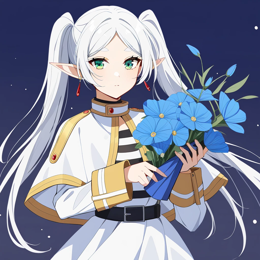 1girl,solo,pointy_ears,twintails,green_eyes,long_hair,jewelry,white_hair,white capelet,earrings,elf,capelet,belt,shirt,dress,parted_bangs,long_sleeves,bangs,white_dress,<lora:frieren-000013:0.7>,holding, blue_flower, flower