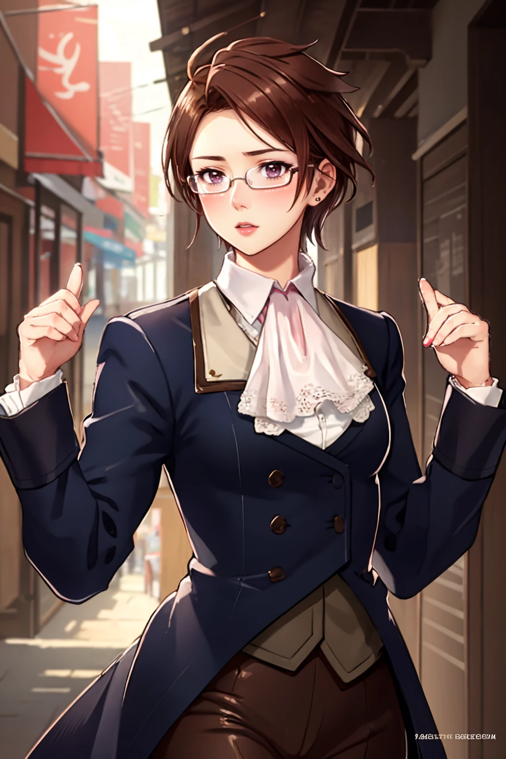 ultra detailed, sharp focus, best quality, masterpiece, colorful, <lora:NSAustriaHetalia:0.8> 1girl, NSAustriaHetalia, heavy blush, lipstick, brown hair, ascot, waistcoat, glasses, best quality, dynamic lighting, masterpiece, intricate details