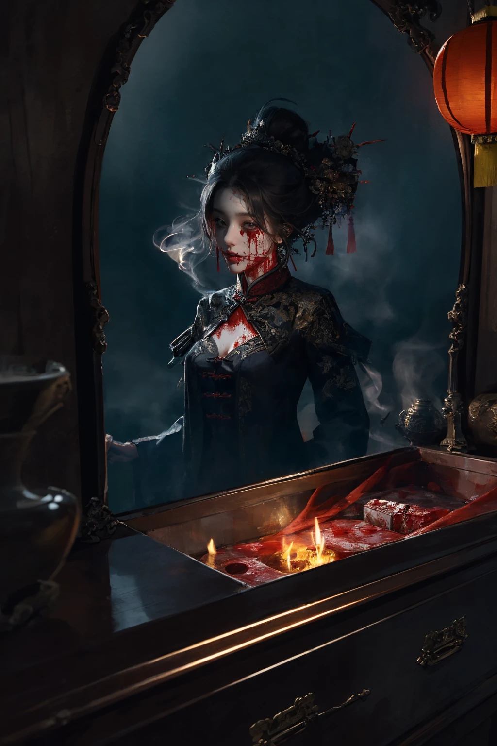 1girl,upper body,solo,Chinese architecture,Graveyard,haunted houseChinese architecture,haunted house,chinese lantern,horror,dark theme,night,smoke,red hanfu,mirror,coffin,blood,red clothes,<lora:éº»è¢NSFW2024-001æææ»¤é:0.8>,, masterpiece,best quality,ultra-detailed,