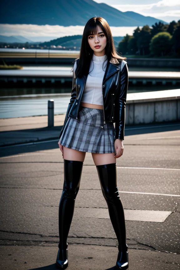 realistic, masterpiece, high detailed skin, looking at viewer, full body shot, scenic view, long hair, black hair
<lora:Latex_Skirt_Jacket_Vest_By_Stable_Yogi:1> latex pattern thighhighs, skirt and jacket, vest