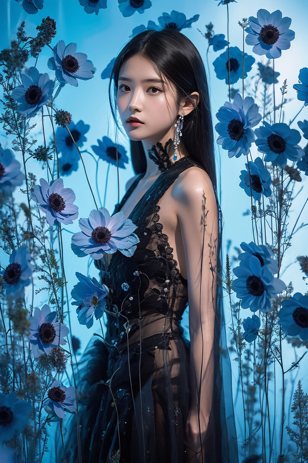 A girl, standing among the flowers, the blue light