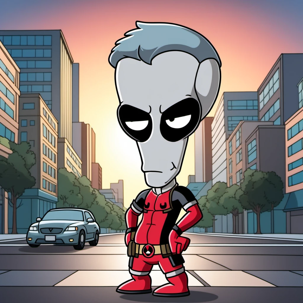cinematic photo Advertising poster style a cartoon character with grey skin dressed as deadpool, city background <lora:Rodger1024:0.9> . 35mm photograph, film, bokeh, professional, 4k, highly detailed