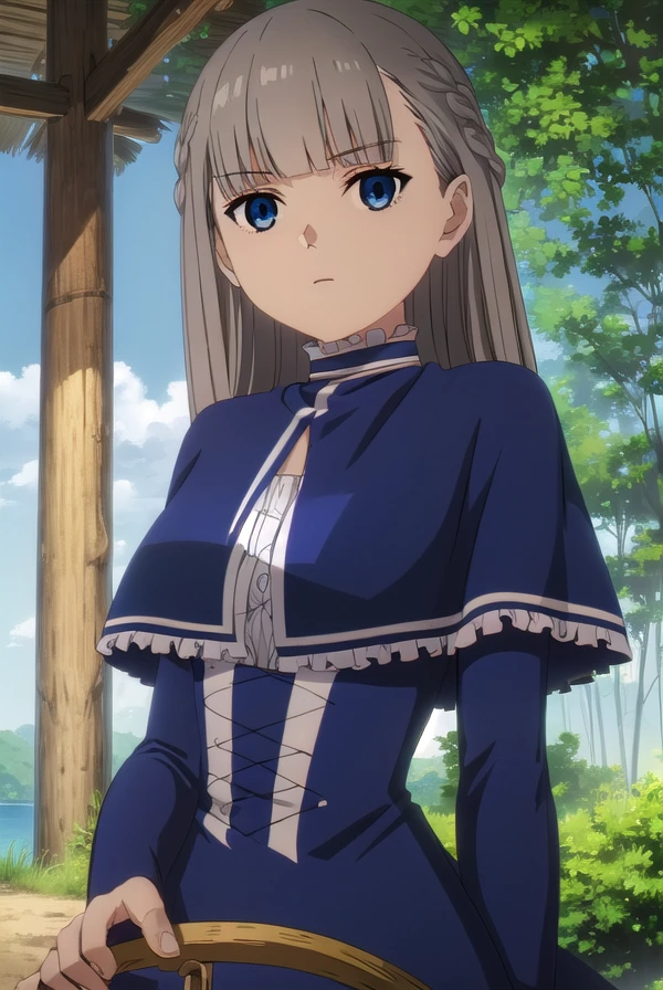 lawine, <lora:lawine-alpha-lora-nochekaiser:1>,
lawine, long hair, bangs, blue eyes, brown hair, braid, low-tied long hair,
BREAK long sleeves, dress, frills, capelet, blue dress, blue capelet,
BREAK outdoors, forest, nature, grass, sky, sun, clouds,
BREAK looking at viewer, (cowboy shot:1.5),
BREAK <lyco:GoodHands-beta2:1>, (masterpiece:1.2), best quality, high resolution, unity 8k wallpaper, (illustration:0.8), (beautiful detailed eyes:1.6), extremely detailed face, perfect lighting, extremely detailed CG, (perfect hands, perfect anatomy),