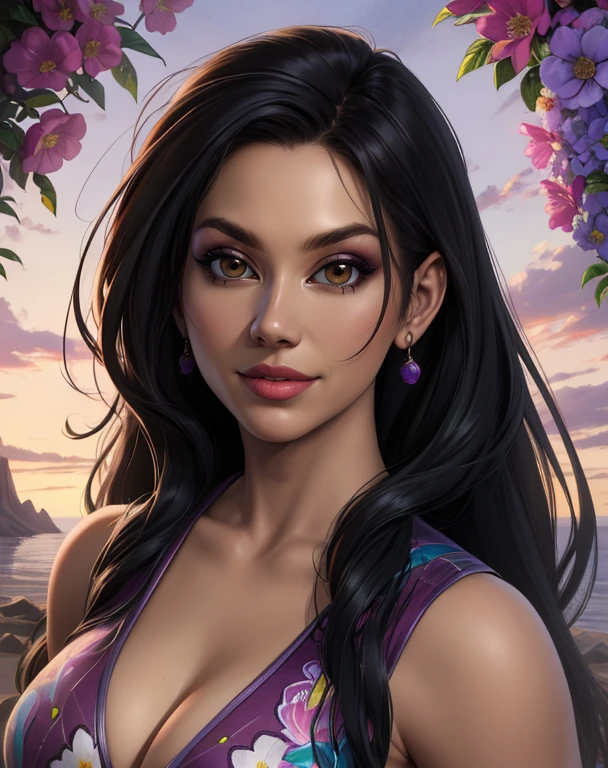 LiMei,black hair,brown eyes,long hair,
purple dress, sleeveless, cleavage, or no bra,  pants, sash, floral print, 
standing,looking at viewer, smile,fantasy,morning,  
(insanely detailed, beautiful detailed face, masterpiece, best quality),solo,<lora:LiMei3DA-10V7:0.8>,