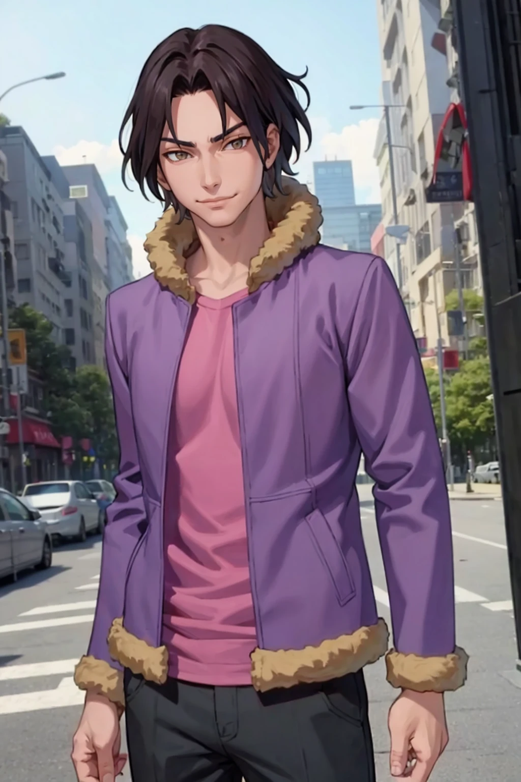 masterpiece, best quality, solo, 1boy, looking at viewer, smirk, <lora:Ronaldo_Fp:1>, ronaldodesu2, purple jacket, fur trim, pants,
