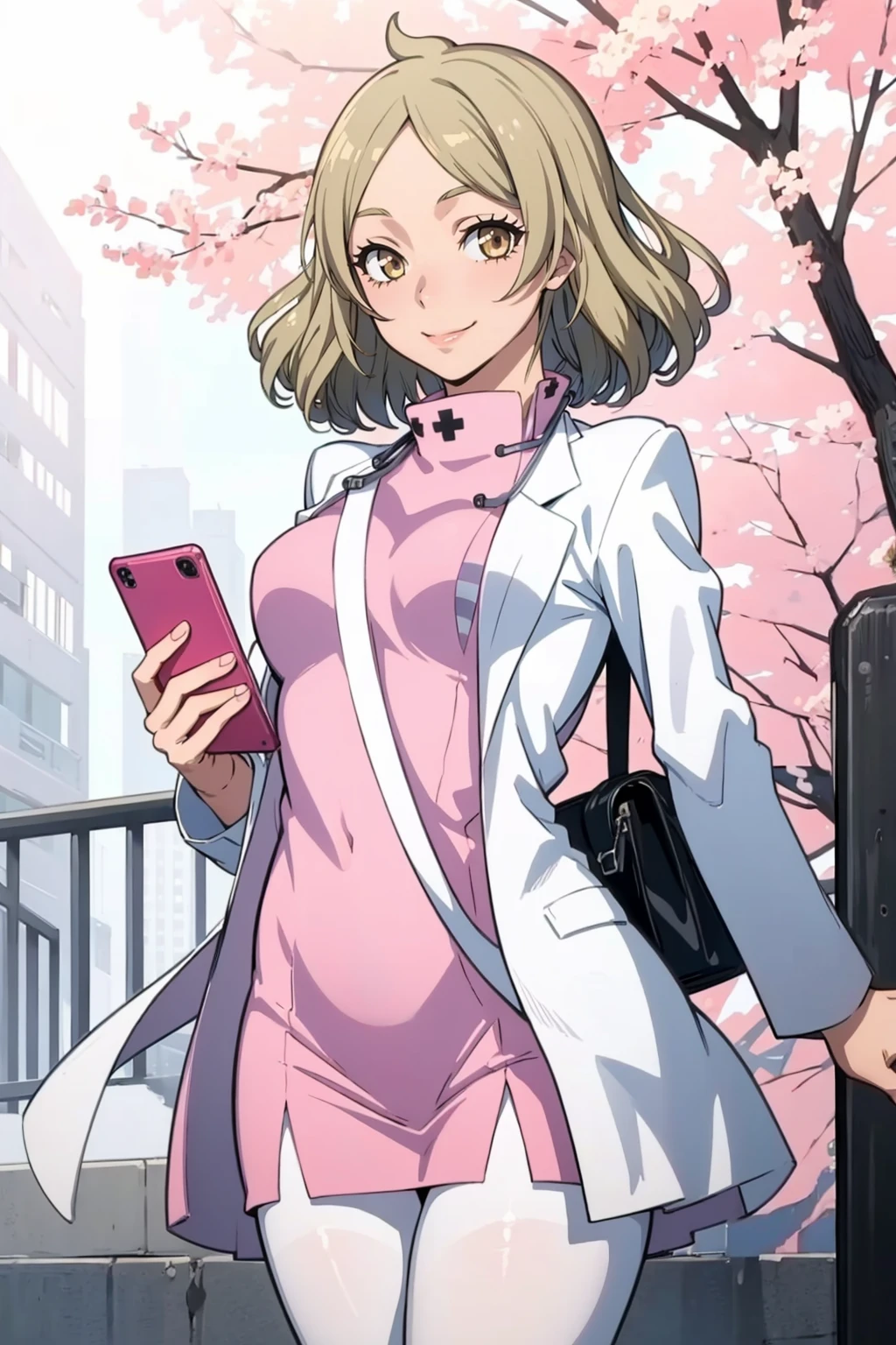 masterpiece, best quality, solo, 1girl, smile, looking at viewer, <lora:Otome_Fp:1>, otomedesu2, nurse, labcoat, pantyhose, park, cellphone,
