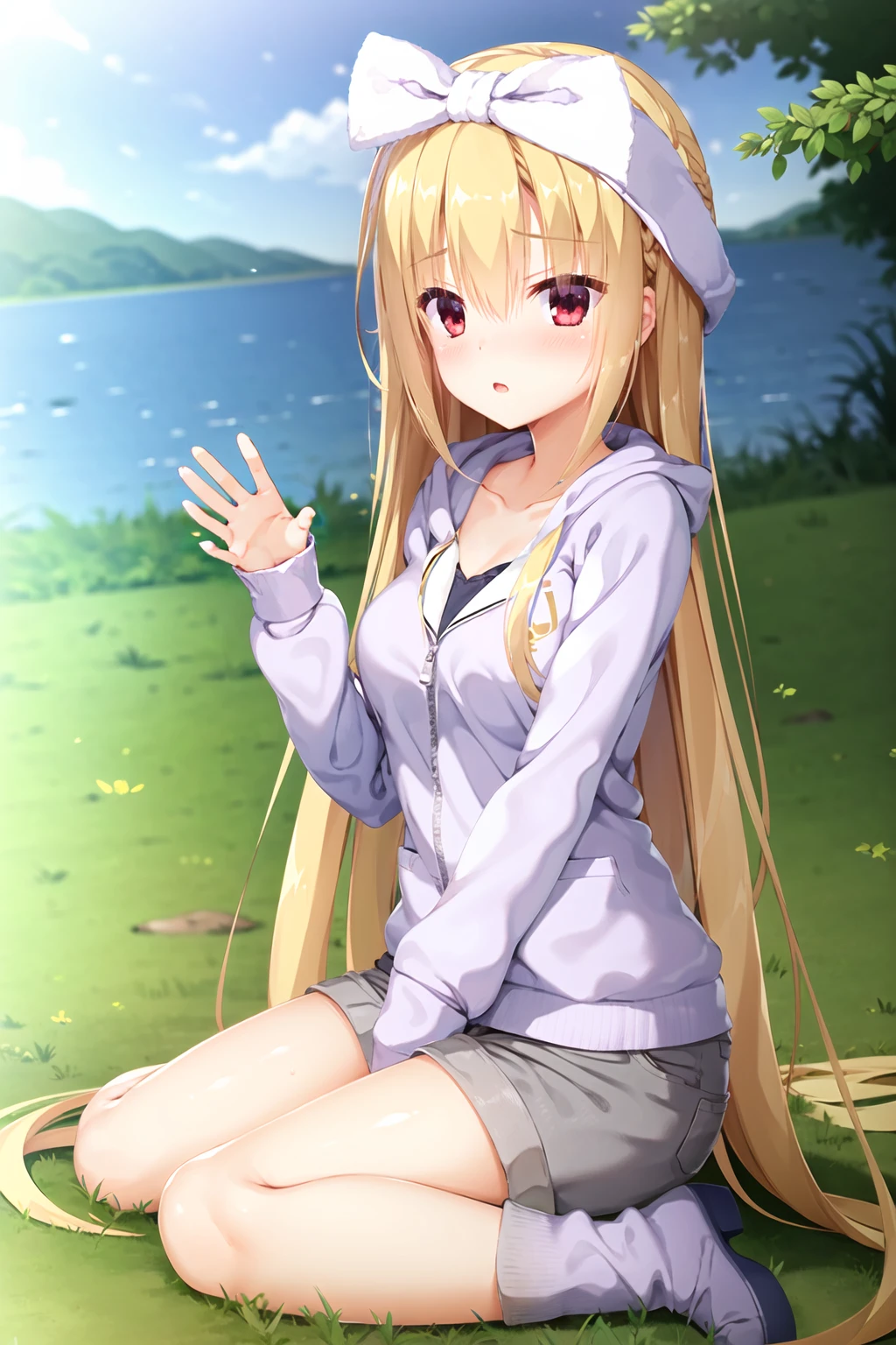 masterpiece, best quality,nanami sleep, blonde hair, red eyes, 1girl,long hair, bangs,grey shorts,hair bow,white hairband,white bow,collarbone,grey boots,sleeves past wrist,blush,hooded jacket,white jacket,<lora:å¨åä¸æµ·V2:0.78>,wariza,waving,outdoors, lake,grass