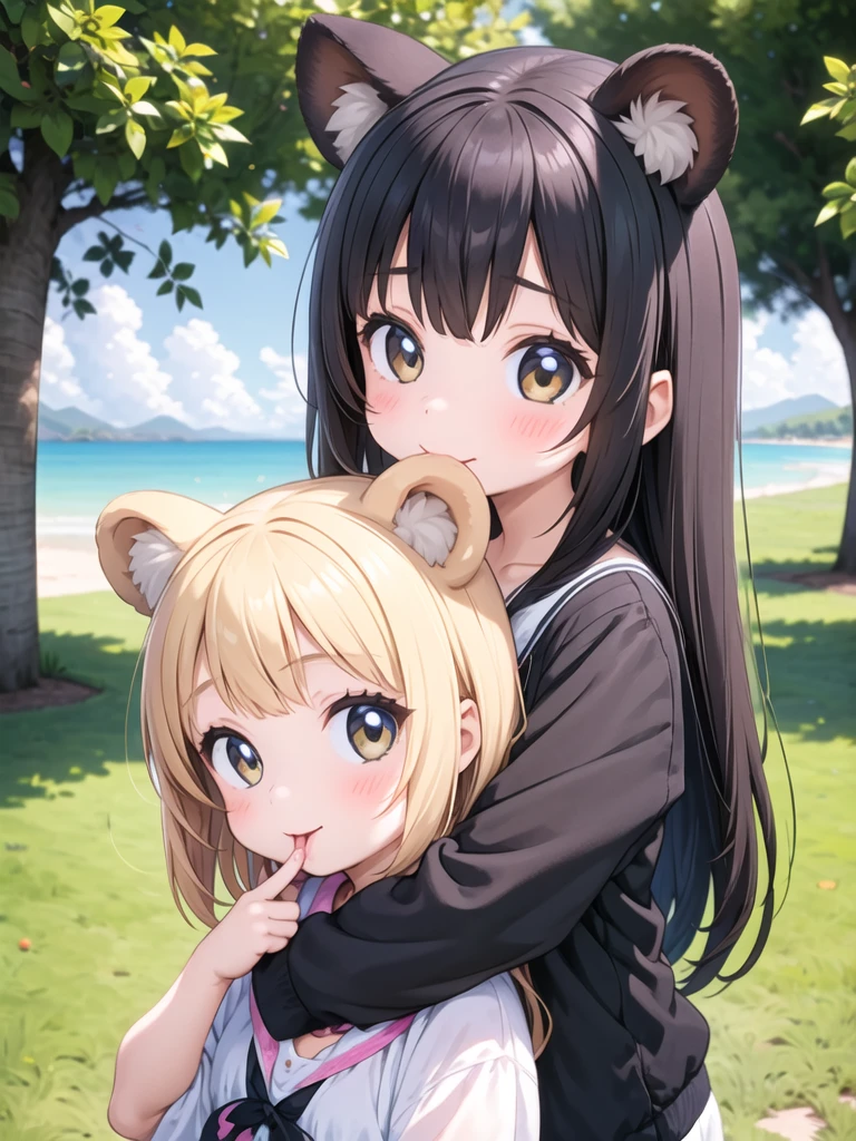 girl behind child, girl taking animal ear in mouth, child smiling, bear girl <lora:amagami-001_0.7:1>