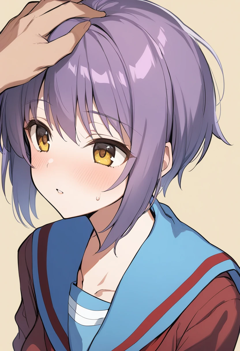 1girl, nagato yuki, winter uniform, kita high school uniform, short hair, school uniform, purple hair, sailor collar, cardigan, blue sailor collar, out of frame, serafuku, solo focus, headpat, bangs, simple background, yellow background, brown eyes, yellow eyes, masterpiece, best quality, <lora:Char - Nagato Yuki - v1 - Bionagato>