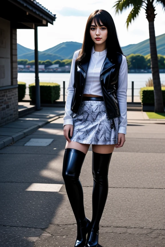 realistic, masterpiece, high detailed skin, looking at viewer, full body shot, scenic view, long hair, black hair
<lora:Latex_Skirt_Jacket_Vest_By_Stable_Yogi:1> latex pattern thighhighs, skirt and jacket, vest