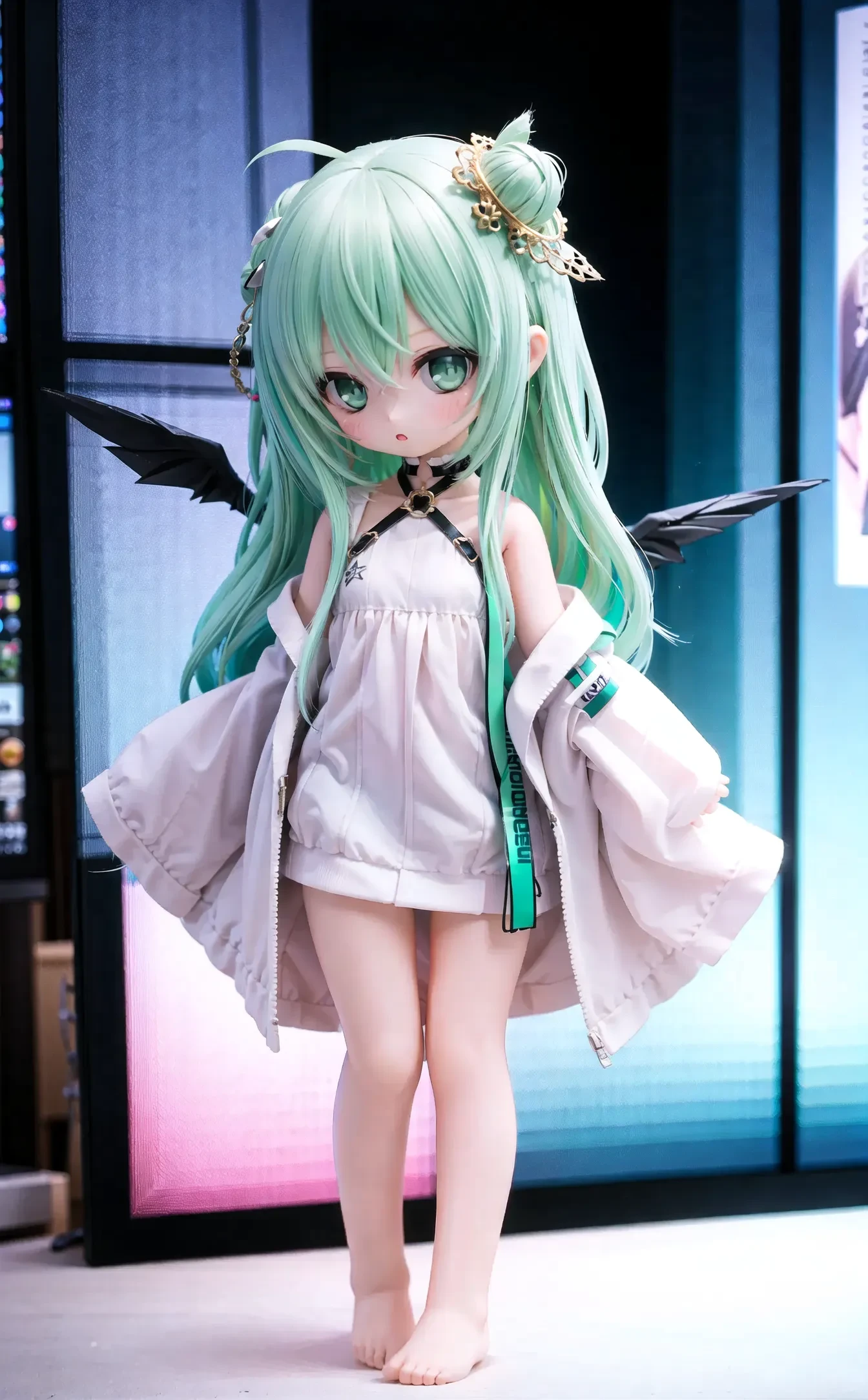 (cowboy shot,very long hair,4349:1),<lora:lora_1230c:0.25>,1girl,solo,chibi,hair_bun,halo,wings,long_hair,jacket,ahoge,barefoot,green_eyes,looking_at_viewer,braid,single_hair_bun,dress,full_body,white_jacket,hair_ornament,blush,green_hair,bangs,virtual_youtuber,single_side_bun,hair_between_eyes,very_long_hair,