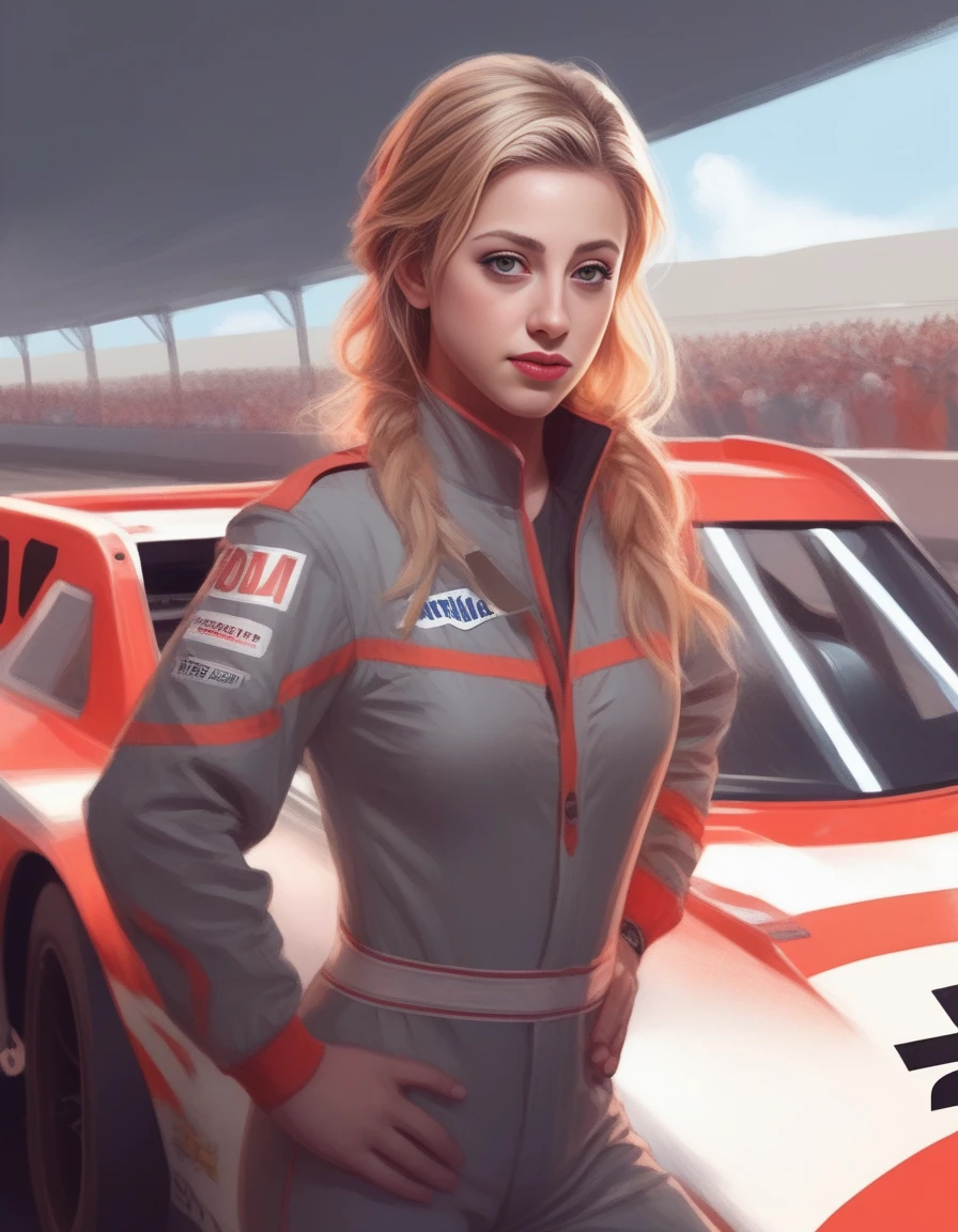 MillieBobbyBrown,<lora:MillieBobbyBrownSDXL:1> perfect anime illustration, 1girl, braided hair, medium hair, medium breasts, sidehair, racecar driver, ((firesuit, race track, car)), nascar, f1, indycar, (outdoors, speedway, track), standing next to a racing vehicle, hand on hip, good posture, looking at viewer. created by Artgerm, volumetric lighting, 8k, hdr, holga, 300mm lens f3. 5, aesthetic, unsharpened