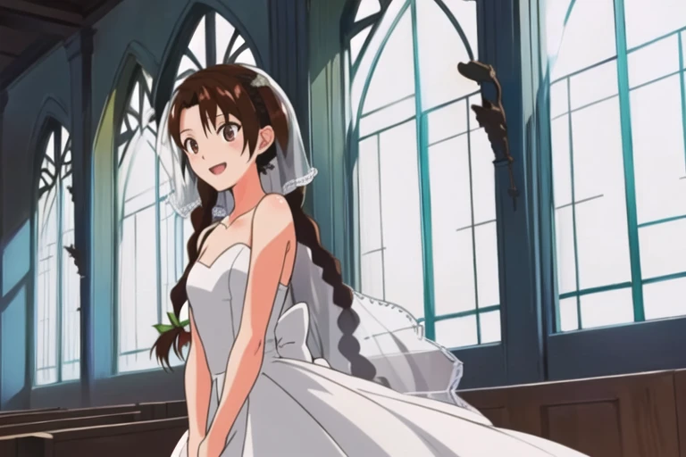 sakuno-1, masterpiece, best quality, wedding dress, 1girl, church, window, day, sunlight, backlighting, open mouth, two braids, front, looking at viewer, smile