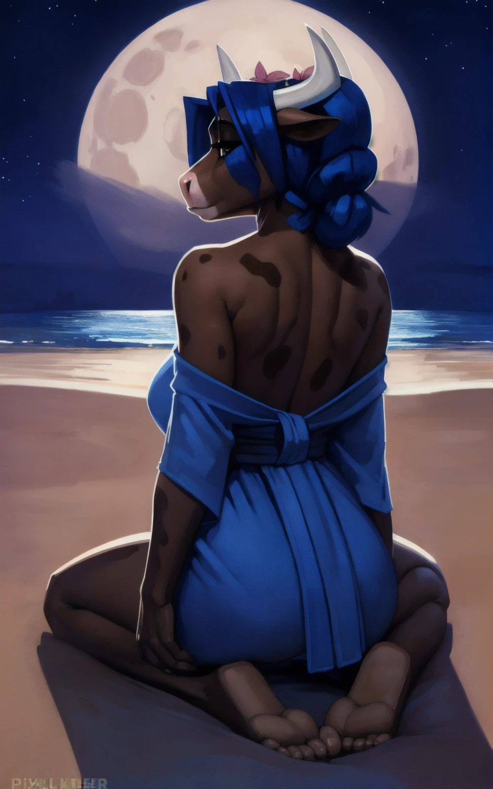 8k,4k,((Best quality, masterpiece, ultra high resolution)),((full body, by pixelsketcher)), <lora:CrCh:0.8>,crch,breasts, animal ears, furry, furry female, horns, large breasts,cow horns, cow ears, blue hair, cow girl, colored skin, snout, black hair,blue hair, hair flower, flower, hair ornament,dark skin, hair over one eye,kimono,blue kimono, barefoot,kneeling on the sand,skinny,dark brown skin, spots , night,cleavage,bare shoulders,beach,rear view, moon