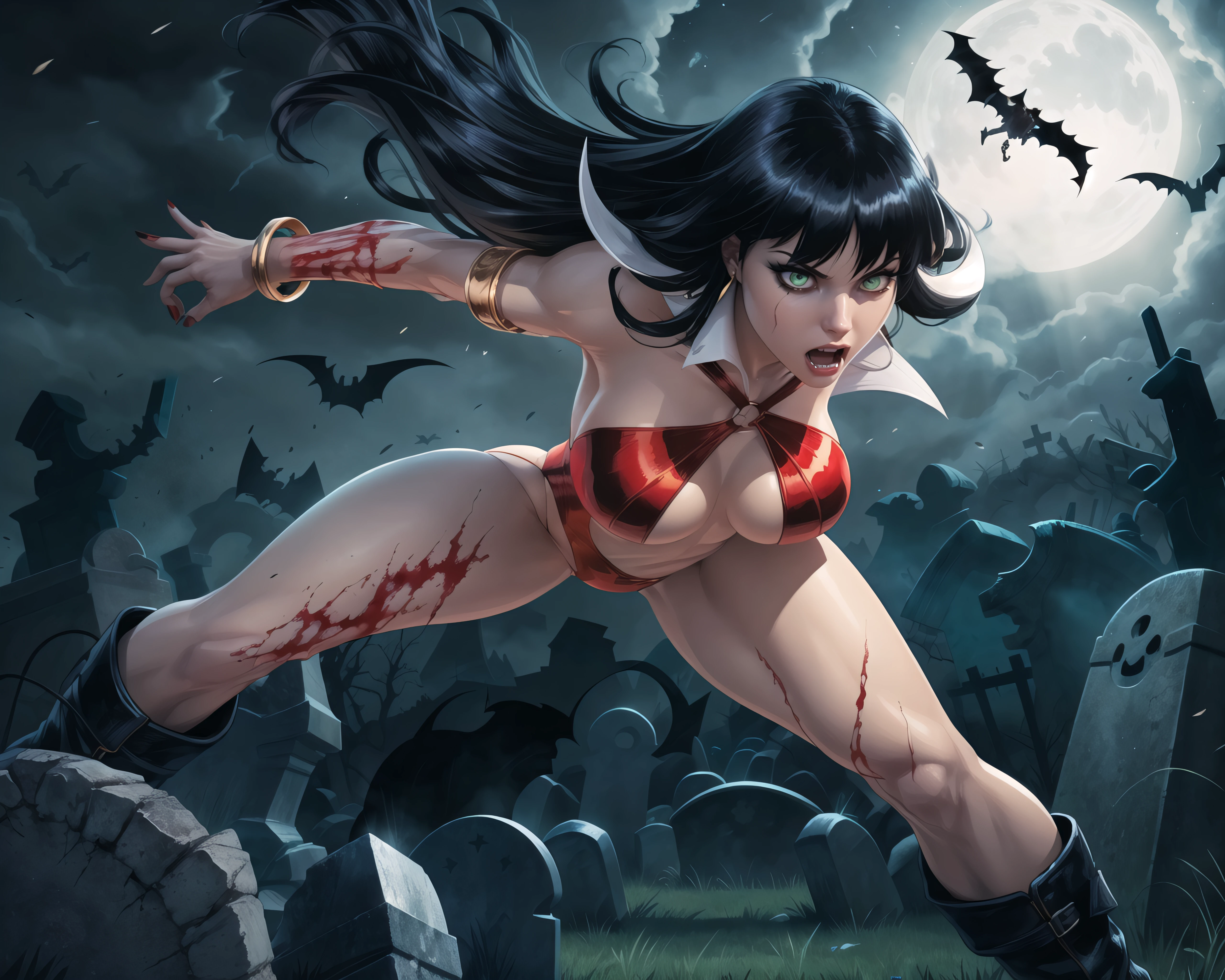 1girl, solo, highly insanely detailed, masterpiece, top quality, best quality, highres, 4k, 8k, RAW photo,
comic style, lineart,
graveyard, skulls, magic, blood, skull, bat, animal, dynamic pose, magic,
dynamic weather, dynamic colors, random colors,
1girl,
<lora:Vampirella_v01-000003:0.25>Vampirella, bangle, armlet, boots,blunt bangs, black hair, long hair, slingshot swimsuit, criss-cross halter, earrings, eyeshadow, popped collar, fangs, green eyes,