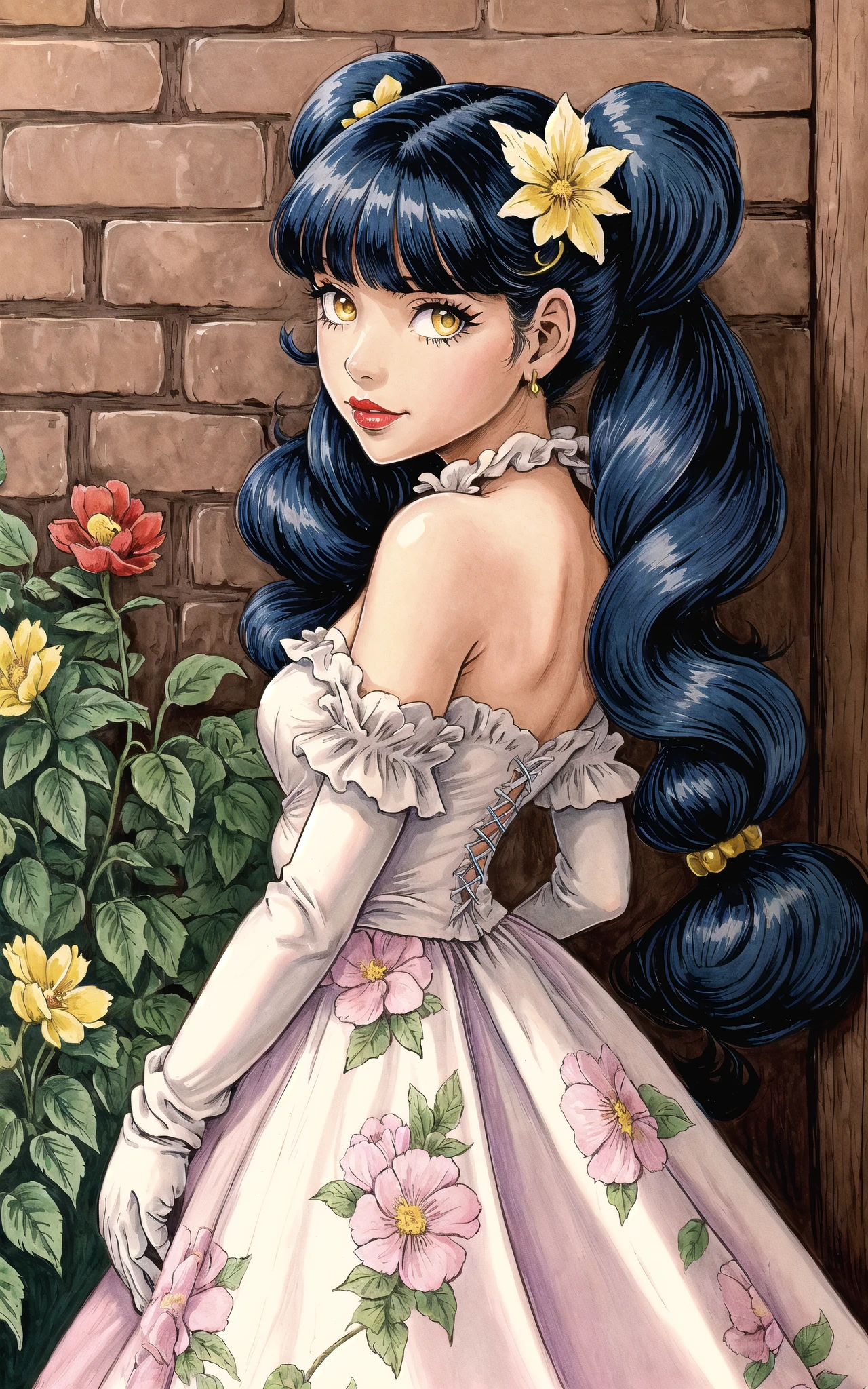 --This preview image uses the sampler: RESTART -- (Masterpiece), (highres), 8k, (traditional media:1.2), manga, digital illustration, 2d, retro artstyle, (ultra-detailed portrait of a girl in a doll dress in a garden, floral print, beautiful, princess, hair ornament, leaning against wall, gloves, colorful, extremely detailed, detailed face, lipstick, twintails, dark blue hair, yellow eyes, from below, from side, looking back, looking at viewer, stylish, expressive, smirk, smug, , mature female, looking to the side, shoulder cape, cool, aged up, officer, intricate watch, head tilt, looking at viewer, v arms, cowboy shot, fully clothed, (8k resolution)