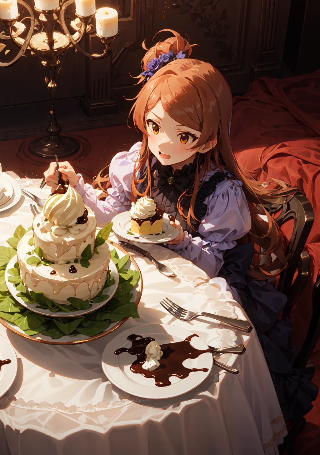 tamaki ogami \(million live\)masterpiece,1girl, solo, best quality,Top view,Close-up shots,Colorful deliciousness,Multiple dishes,Fresh style,cake,pink violet,cream,(golden rose),cacao,ice_cream,candle,[Matcha],streamers,High detail,Delicacies,Stage lighting,(Shining tablecloth),Plates and forks,seasoning,State banquet