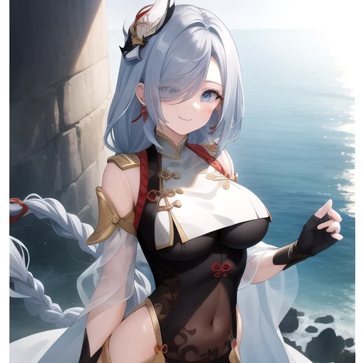 ((masterpiece)),(best quality),official art,extremely detailed CG,unity 8k wallpaper,ultra detailed,A lighthouse on a cliff by the sea,1girl,solo,upper body,looking at viewer,very_long_hair,breast_curtain,hair_over_one_eye,braid,black_bodysuit,hair_ornament,large_breasts,covered_navel,hip_vent,smile,grey_hair,jewelry,bangs,earrings,clothing_cutout,high_heels,blue_eyes,tassel,braided_ponytail,partially_fingerless_gloves,<lora:Shenhe(gen)>,