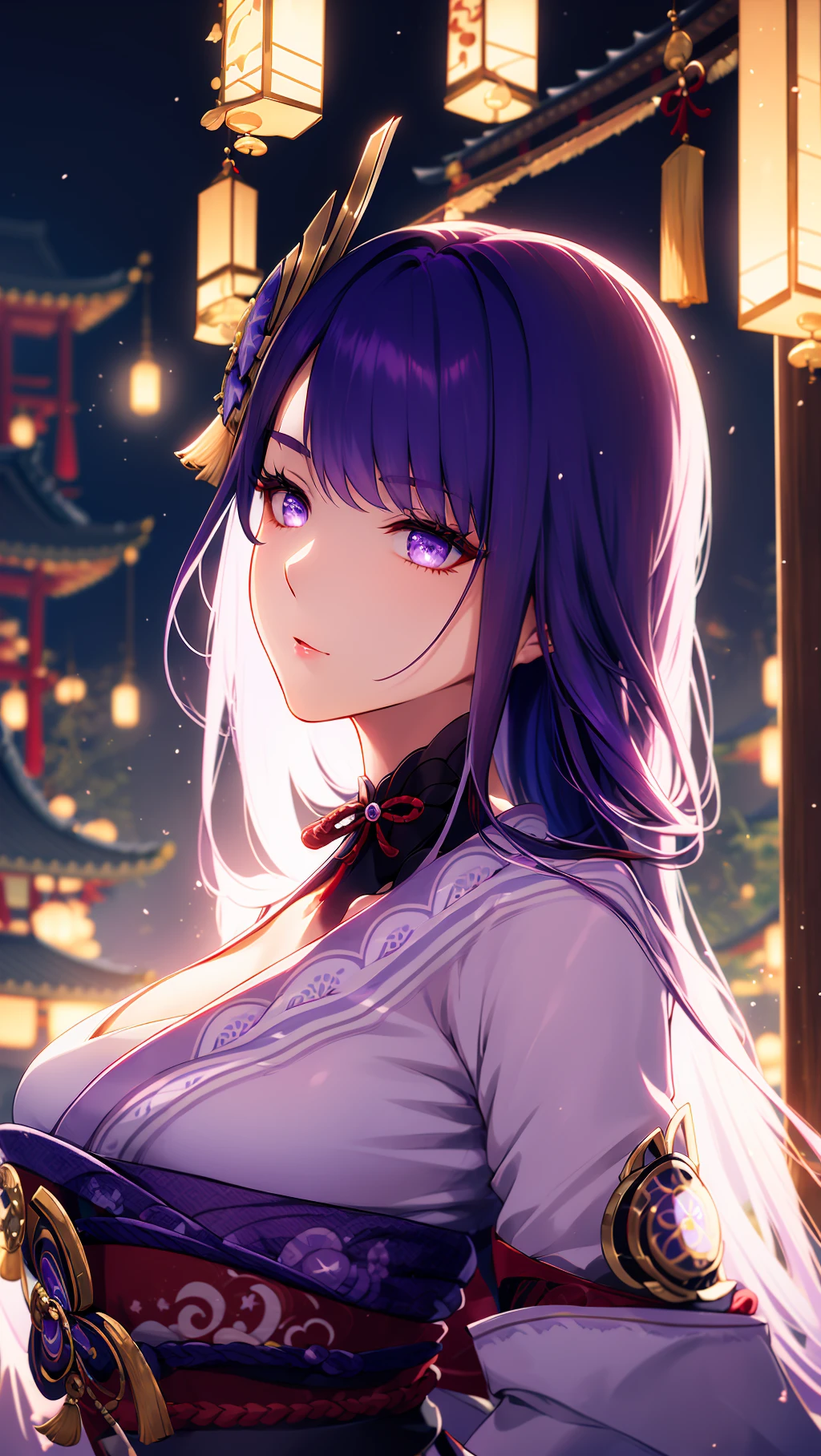 A sexy&cool woman in the temple at night,raiden shogun,purple hair,long hair,
huge filesize,artbook,Cinematic Lighting,<lora:[LoRA] mhy_genshin_raiden_v1.0:1>,medium breasts,miko,kimono,japanese_clothes,short_kimono,portrait,, (masterpiece, high resolution, best quality:1.4, breathtaking, ultra detailed)