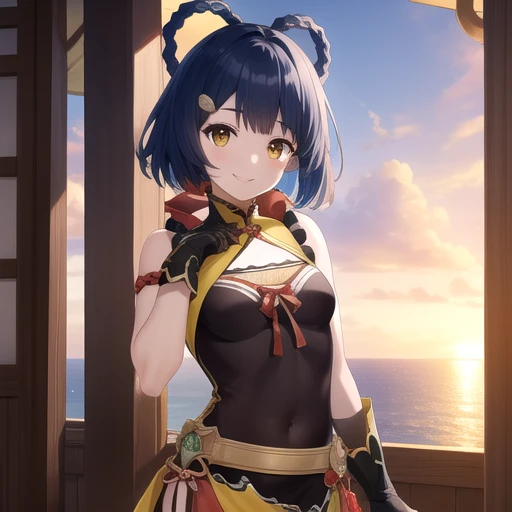 ((masterpiece)),(best quality),official art,extremely detailed CG,unity 8k wallpaper,ultra detailed,A lighthouse on a cliff by the sea,1girl,solo,upper body,looking at viewer,fingerless_gloves,blue_hair,bandaid_on_leg,smile,bandaid_on_knee,chinese_clothes,braid,yellow_eyes,hair_ornament,boots,short_hair,small_breasts,china_dress,sleeveless,hair_rings,hairclip,bell,bare_shoulders,bangs,black_gloves,thigh_strap,pelvic_curtain,<lora:Xiangling(gen)>,