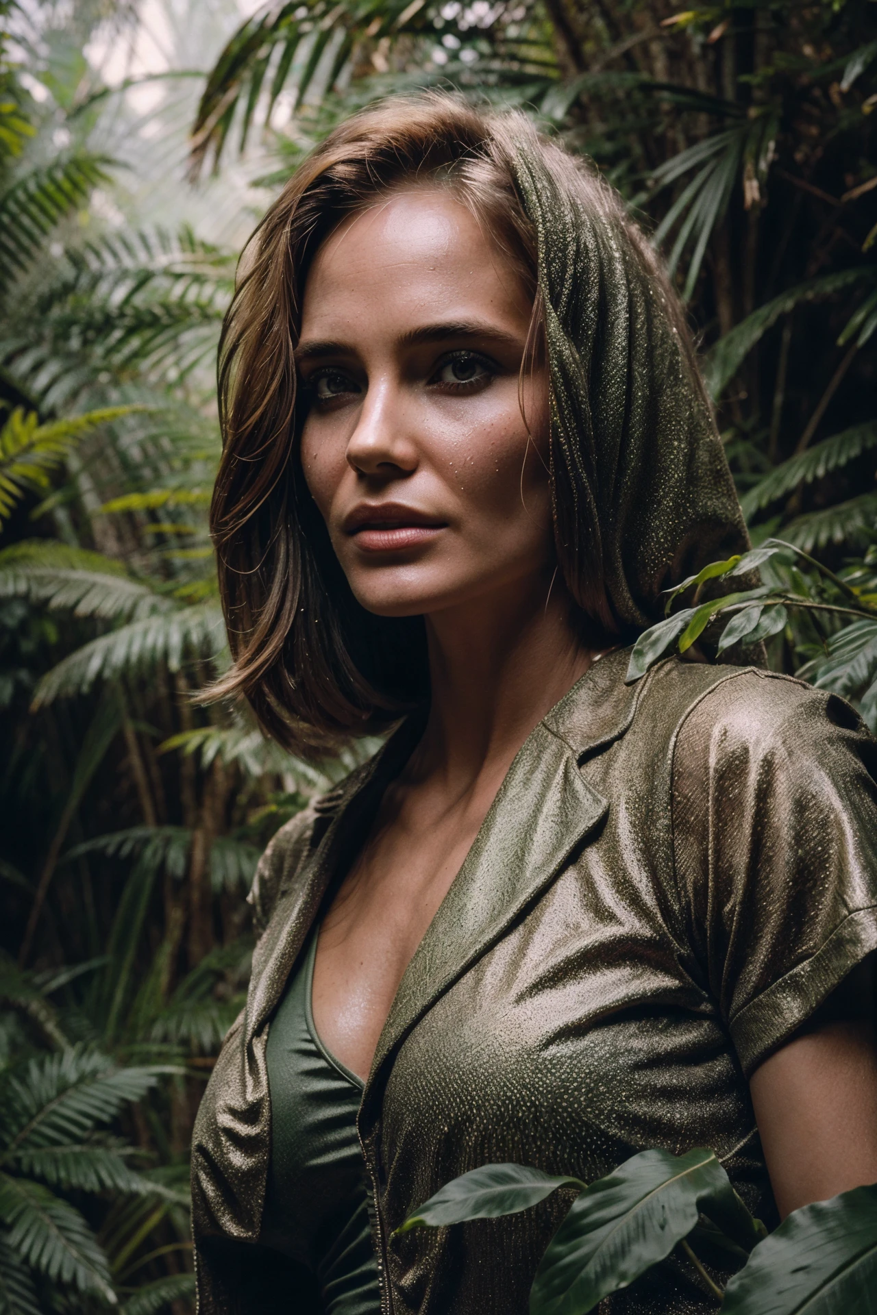 beauty woman in jurassic jungle, jurassic park, heat, (skin texture:1.2), (high detailed skin:1.3), 19th century, ambient smoke, fog, (hyperrealism), cinematic, grain of old film, 8k uhd, dslr, retro color <lora:Natalia_Chistyakova-Ionova_v2_640x960:0.8>