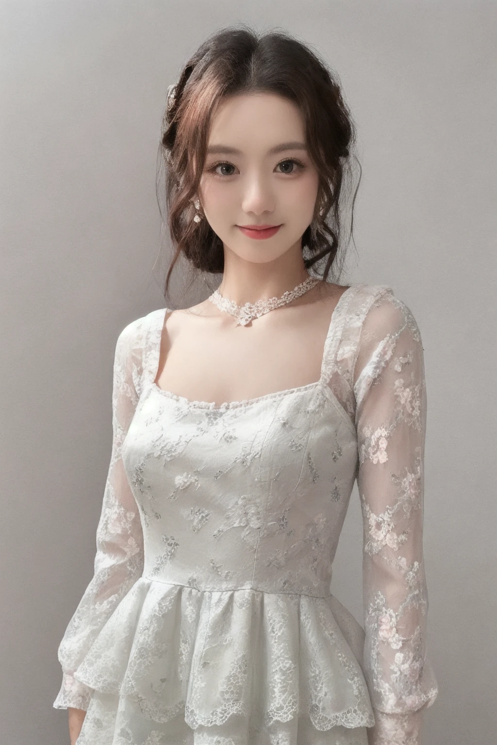 1girl, high quality,  looking at viewer,  lace trim, dress shirt, floral print,  , upper body,parted lips,  (smile:0.3), grey background,
 <lora:byqdy_v5-000007:0.68>