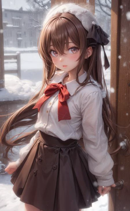 looking_at_viewer,hair_between_eyes,brown_skirt,sidelocks,snowing,ribbon,skirt,very_long_hair,