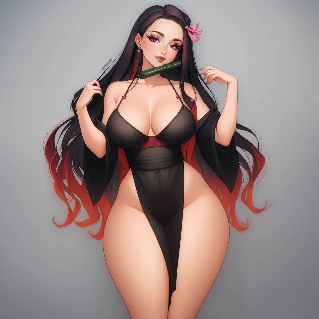 (masterpiece, best quality:1.3), Enia, 1girl, solo, looking at viewer, wide hips, mature female, closed mouth, seductive smile, large breasts, full body, cowboy shot, thick thighs, <lora:Enia Style Lora:.85>, nezuko, hair ribbon, pink ribbon, pink kimono, very long hair, multicolored hair, black hair, red hair, gagged, bamboo, gag <lora:nezuko:.8>