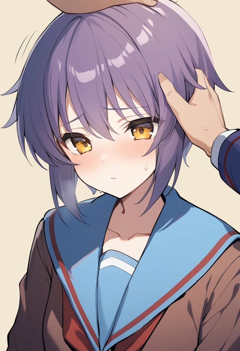 1girl, nagato yuki, winter uniform, kita high school uniform, short hair, school uniform, purple hair, sailor collar, cardigan, blue sailor collar, out of frame, serafuku, solo focus, headpat, bangs, simple background, yellow background, brown eyes, yellow eyes, masterpiece, best quality, <lora:Char - Nagato Yuki - v1 - Bionagato>