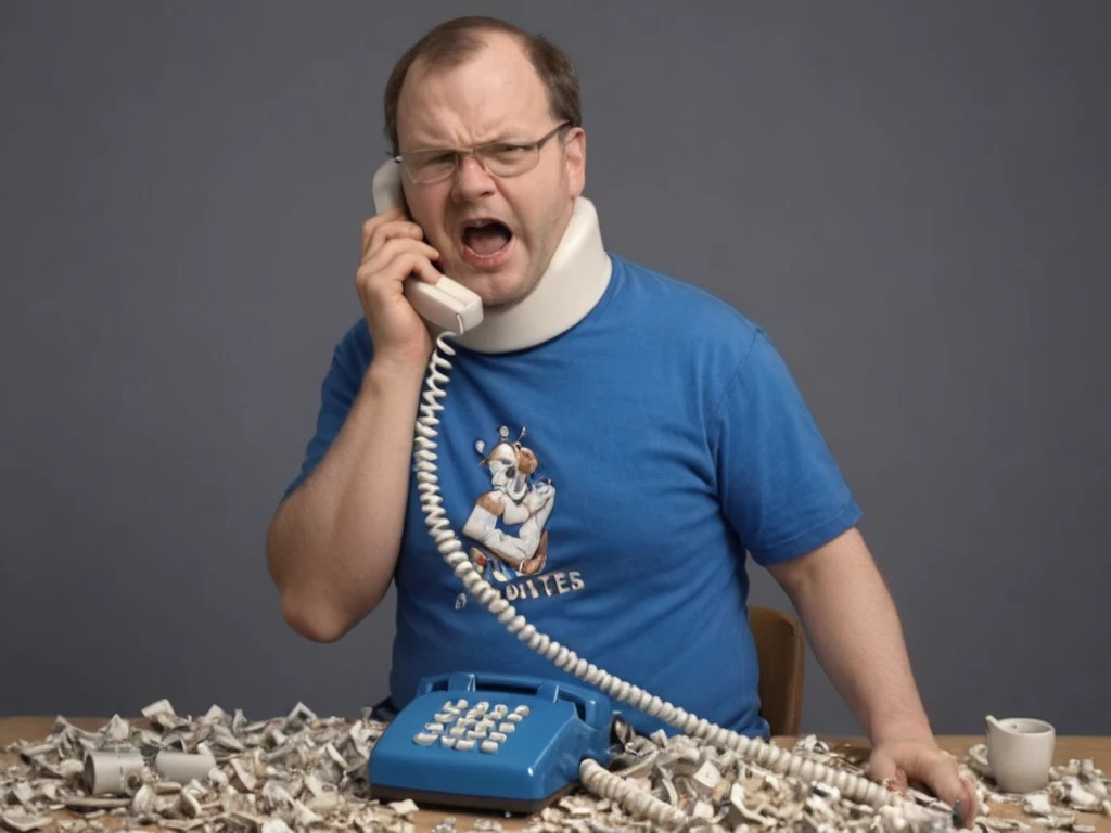 Hyperrealistic art of  <lora:Tourettes_Guy:.8> violent Tourettes Guy with a white neck brace and glasses in a blue shirt is smashing a landline phone into 1000 pieces, Extremely high-resolution details, photographic, realism pushed to extreme, fine texture, incredibly lifelike