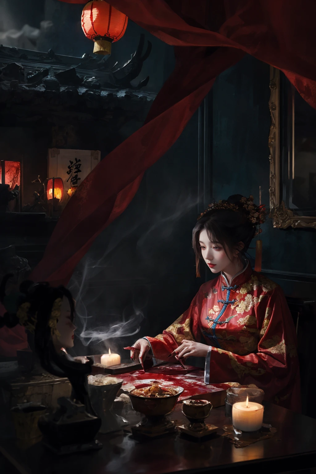 1girl,upper body,solo,Chinese architecture,Graveyard,haunted houseChinese architecture,haunted house,chinese lantern,horror,dark theme,night,smoke,red hanfu,mirror,coffin,<lora:éº»è¢2024ææ:0.6>,blood,red clothes,, masterpiece,best quality,ultra-detailed,