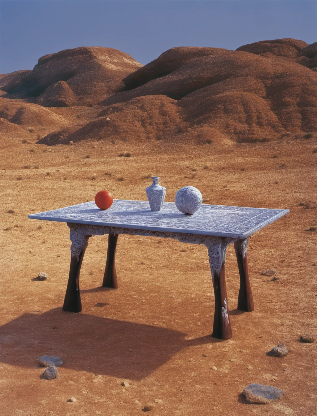 by storm thorgerson, psychedelic hyperrealistic surrealism, dreamscape, award winning masterpiece with incredible details, You spot a table standing alone in the desert, its surface covered in intricate carvings. It seems out of place in this barren landscape, a relic of a forgotten time, highly detailed<lora:Storm:1>