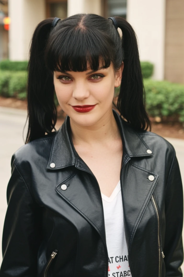 <lora:mondongo_LoRA_PauleyPerrette:1> mndngwmn, pigtails,bangs, wearing a leather jacket, on the street