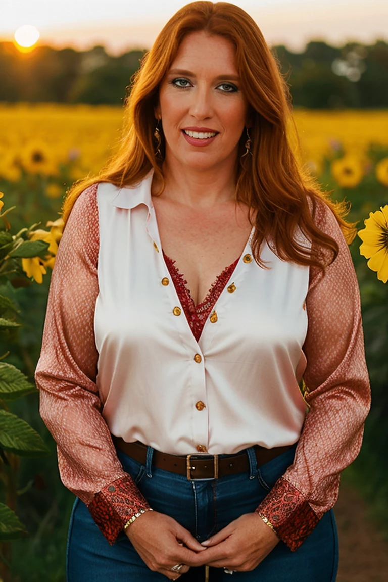 portrait of allover30rose, wearing red silk blouse, jeans, flower field, sunset, intricate details, best quality, 8k, masterpiece <lora:allover30rose:1>