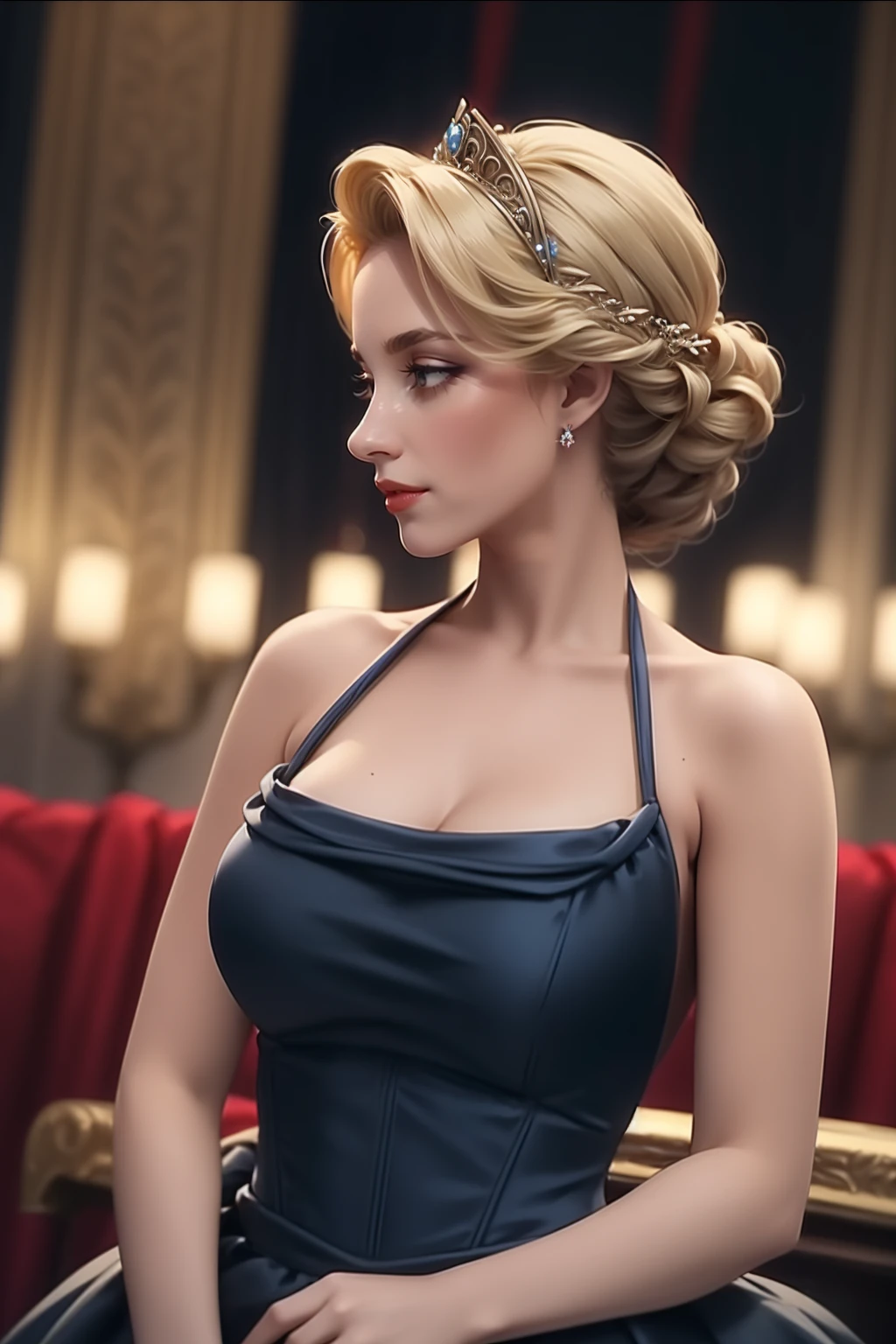 cinematic film still beautiful adult woman (photogenic), high detail, best quality, high quality, standing, <lora:Outfit_WITRD:0.9> profile, bright red dress, blonde hair, rim lighting, hourglass figure, textured skin, grand hall, bokeh, full body, high heels, <lora:Tweak_BreastSize:-0.1>, skirt, smile, (red lips), vibrant colors, seductive, (looking at viewer, facing viewer), Empress, Noble, Celestial, Inspired, Imperial, ((wearing ballgown)), captivating (midnight blue) dress adorned with (glistening stars and moons). The gown features an intricately beaded (bodice) with a sweetheart neckline, complemented by ornate (lace fingerless gloves). The (cascading skirt), extending into a celestial train, envelops her in ethereal (chiffon), (bejeweled silk). Her hair is swept up into an (elevated twist), adorned with (silver filigree) and (sapphire pins), symbolizing her lofty grace., . shallow depth of field, vignette, highly detailed, high budget, bokeh, cinemascope, moody, epic, gorgeous, film grain, grainy