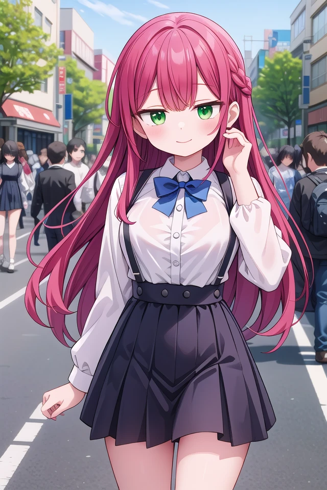 insanely detailed, absurdres, ultra-highres, ultra-detailed, best quality,
1girl, solo, nice hands, perfect hands
BREAK
braid, shirt, holding, mary janes, socks, black skirt, long hair, white shirt, suspender skirt, white socks, long sleeves, ribbon, suspenders, standing, ruffles, black ribbon, bow , black bow tie, long skirt, black bow, neck ribbon, bowtie, bag ,
BREAK
happy smile, laugh, closed mouth, standing,
(45 angle:-1.5), (from side:-1.5),
cute pose, cowboy shot,
BREAK
slender, kawaii, perfect symmetrical face, ultra cute girl, ultra cute face, ultra detailed eyes, ultra detailed hair, ultra cute, ultra beautiful,
BREAK
in harajuku, shibuya, tokyo, street, crowd, cityscape,
BREAK
large breasts,
(red hair, green eyes), hime cut