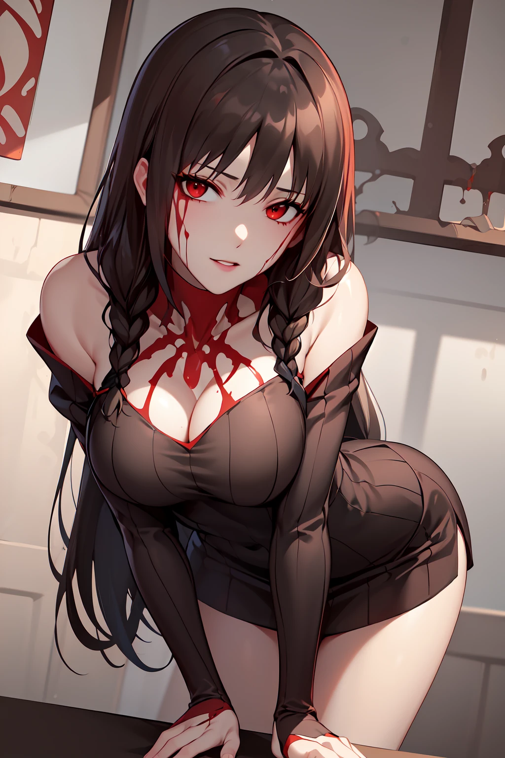 best quality, masterpiece,<lora:Bloodlessv3:0.7> bloodless, leaning forward, off shoulder, ribbed sweater,