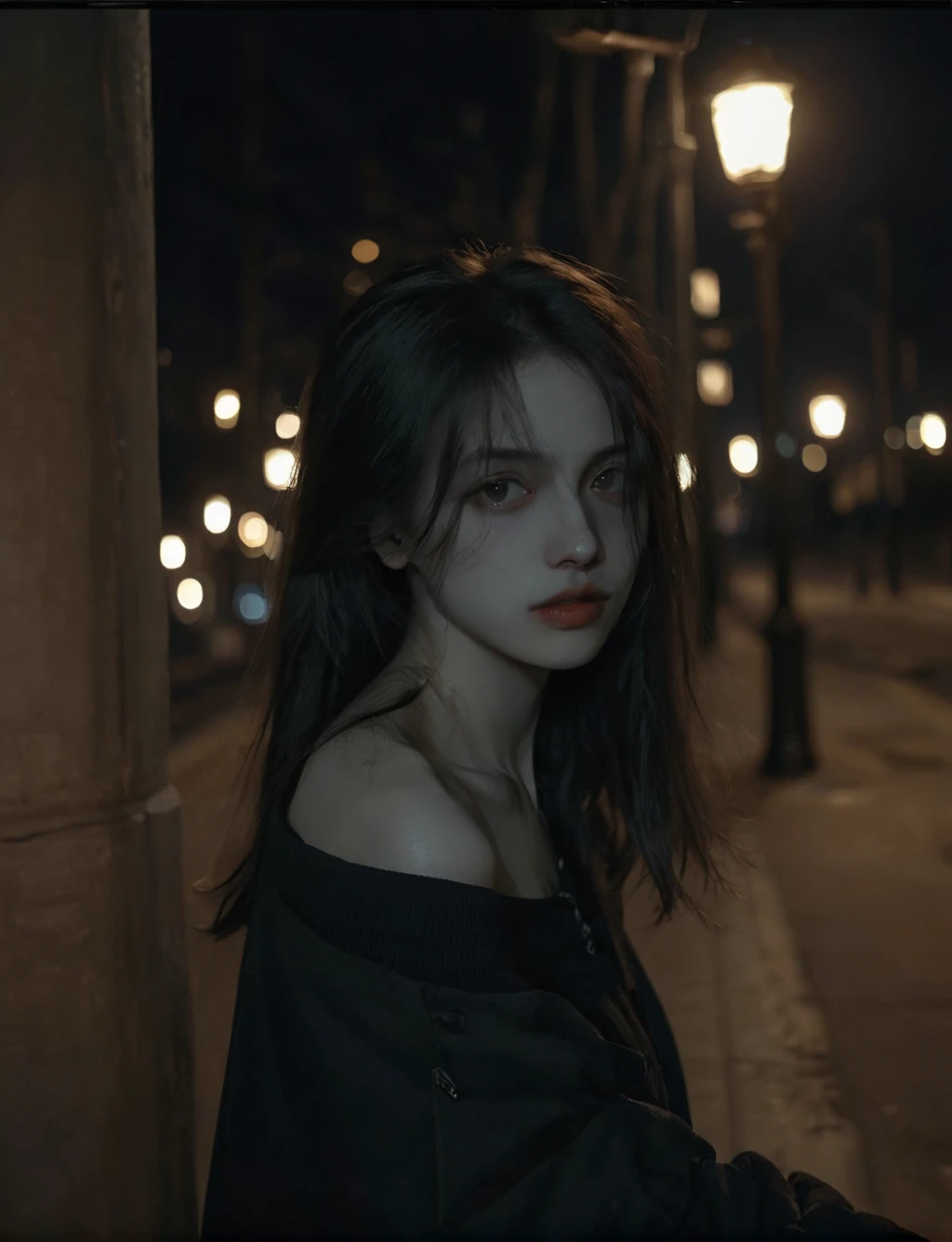 solo,realistic,lips,black hair,collarbone,closed mouth,Beside the outdoor street,the dim light of the street lamps at night shines on one side of the face,1girl,absurdres,(Looking at the camera:1.2),<lora:XLå½é£è¸Lora--模å:0.8>,<lora:ChillyV1.0-000020:0.6>,