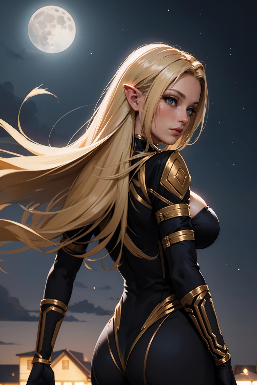 masterpiece, best quality, <lora:alpha-nvwls-v1-000009:0.9> alpha, black bodysuit, cleavage cutout, gold trim, black gloves, large breasts, portrait, floating hair, from behind, moon, night sky